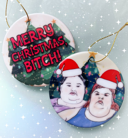 1000-lb Sisters ceramic Christmas ornament with Tammy and Amy